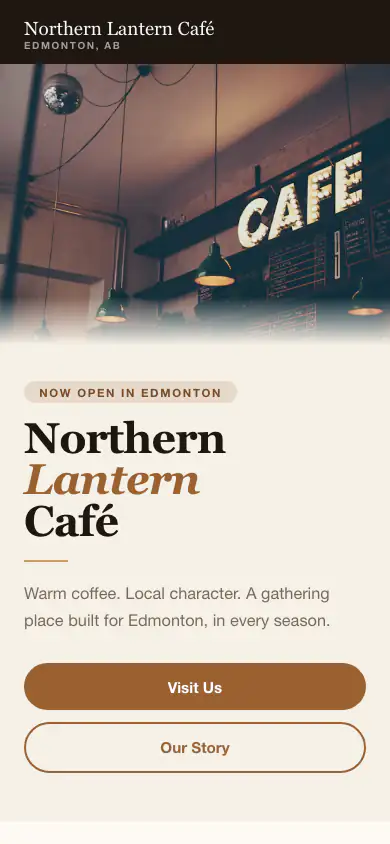 Home page of the Northern Lantern Café sample website on a phone