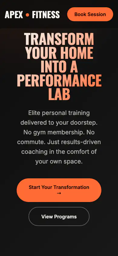 Home page of the APEX Home Fitness sample website on a phone