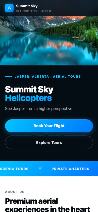 Home page of the Summit Sky Helicopters sample website on a phone